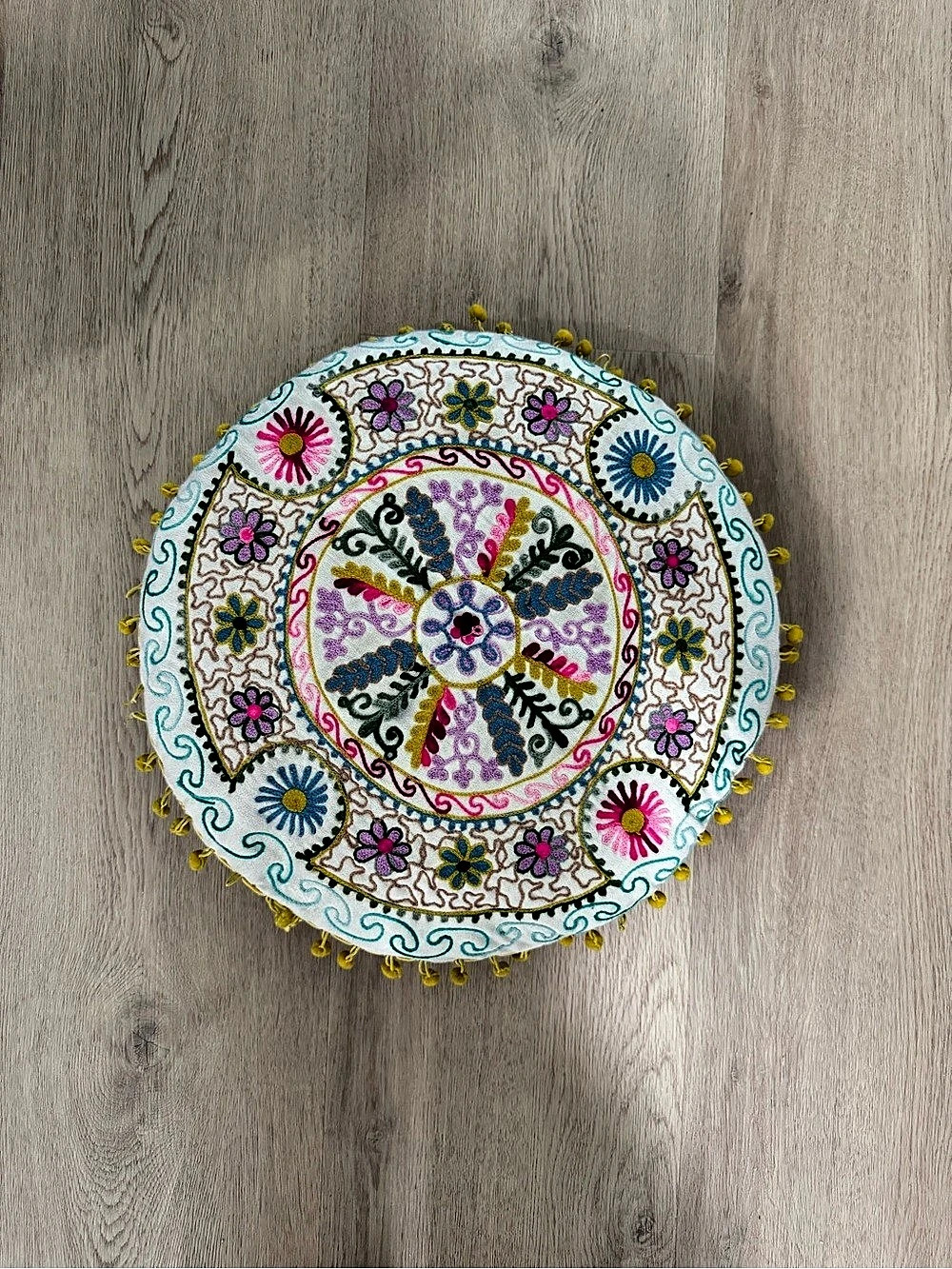KARMA LIVING Round Embroidered Statement Pillow with Pom Trim